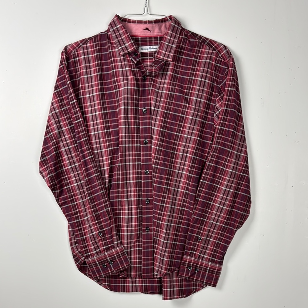 Tommy Bahama Burgundy Plaid Button Down Shirt Cotton SILK Spandex EUC